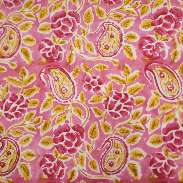 PRE-CUT 2.30 METER Pure Cotton Jaipuri Baby Pink With Yellow Wild Flowers Jaal Hand Block Print Fabric