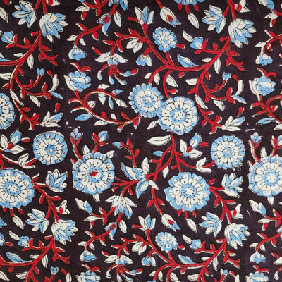 Pure Cotton Jaipuri Black With Red And Blue Jaal Hand Block Print Fabric