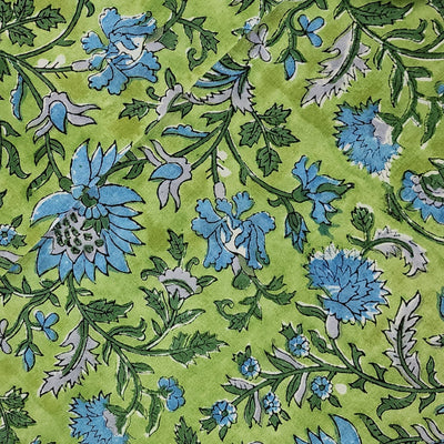 Pure Cotton Jaipuri Blue Flower On Green Jaal Hand Block Print Fabric