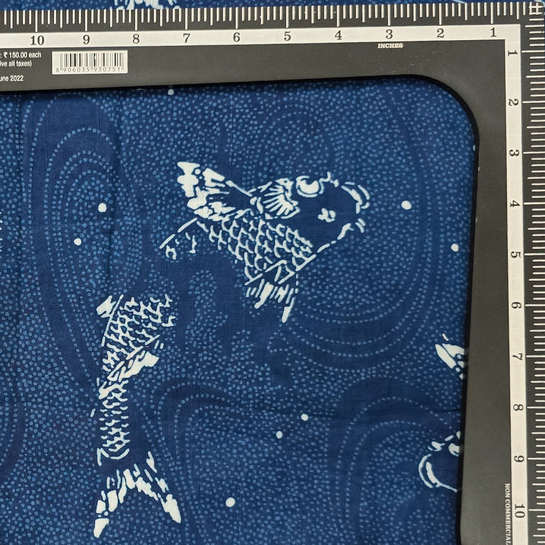 Pure Cotton Indigo Blue With Big Fish Motif Hand Block Print Fabric ...