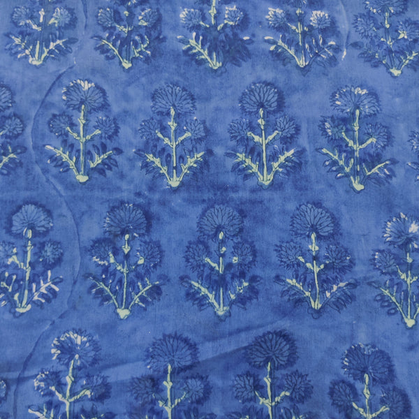 PRE-CUT 1.60 METER Pure Cotton Jaipuri Blue With Blue Flowers Block Print Fabric