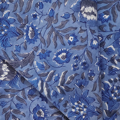 Pure Cotton Jaipuri Blue With Blue Grey Jaal Hand Block Print Fabric