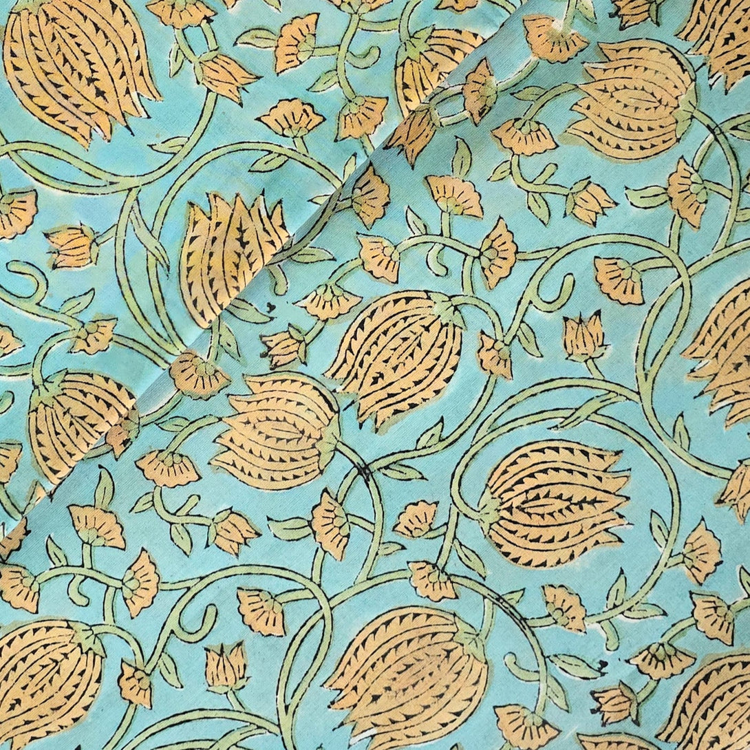 Pure Cotton Jaipuri Blue With Cream Lotus Jaal Hand Block Print Fabric ...