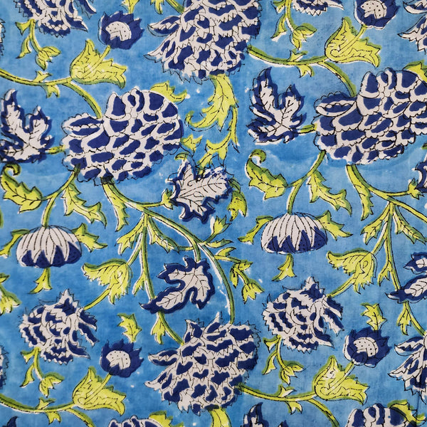 ( Pre-Cut 0.90 Meter ) Pure Cotton Jaipuri Blue With Dark Blue And Green Flower Hand Block Print Fabric