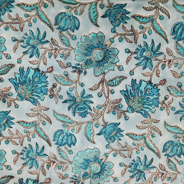 Pure Cotton Jaipuri Blue With Dark Blue Jungle Flower Jaal Hand Block Print Fabric1
