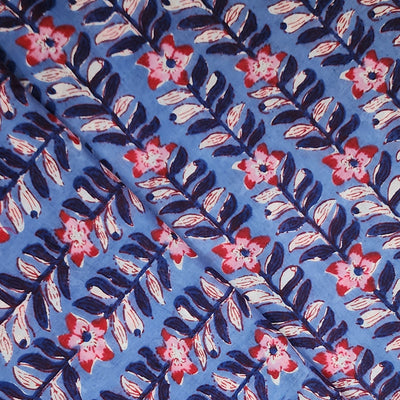 ( Pre-Cut 1 Meter ) Pure Cotton Jaipuri Blue With Dark Blue With Pink Flower Creeper Hand Block Print Fabric