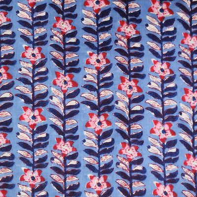 ( Pre-Cut 1 Meter ) Pure Cotton Jaipuri Blue With Dark Blue With Pink Flower Creeper Hand Block Print Fabric