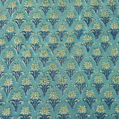Pure Cotton Jaipuri Blue With Flower Buds Hand Block Print Fabric