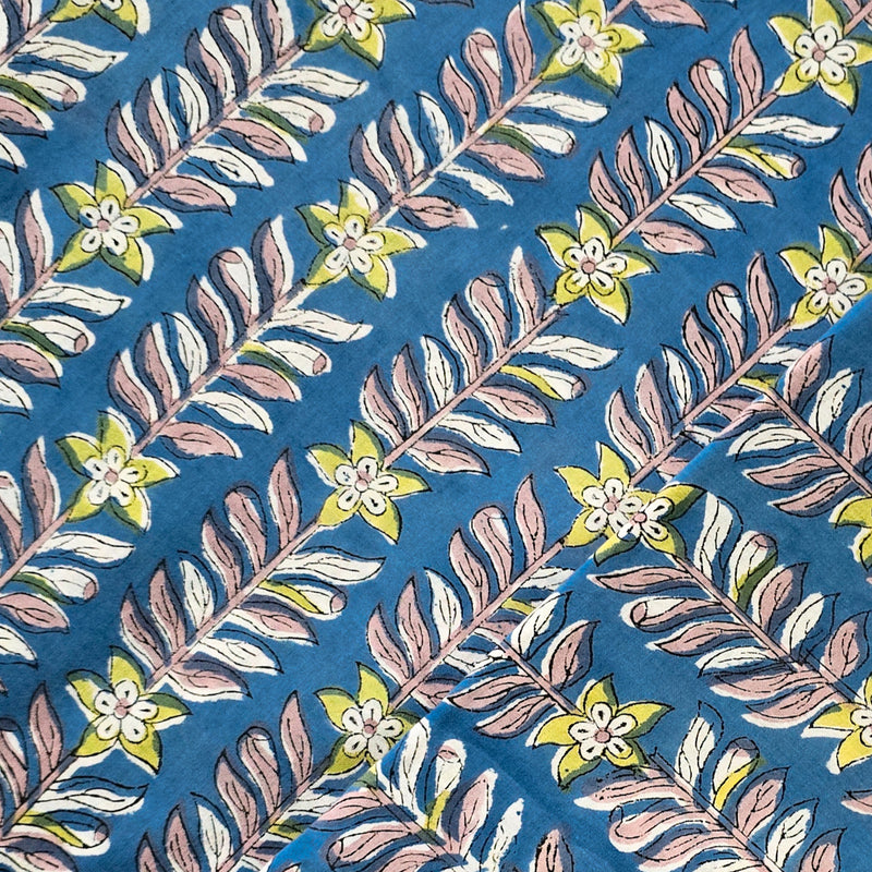 Pure Cotton Jaipuri Blue With Flower Creeper Hand Block Print Fabric