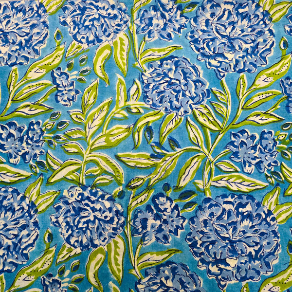 Pure Cotton Jaipuri Blue With Green Flower Jaal Hand Block Print Fabric