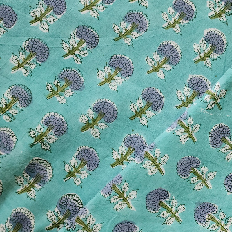 Pure Cotton Jaipuri Blue With Grey Flower Motif Hand Block Print Fabric