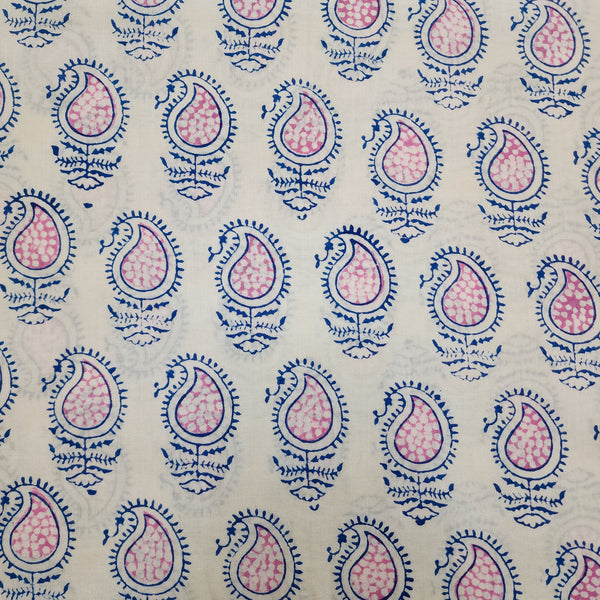 Pre-Cut 1.60 Meter Pure Cotton Jaipuri Blue With Light Pink Kairi Hand Block Print Fabric
