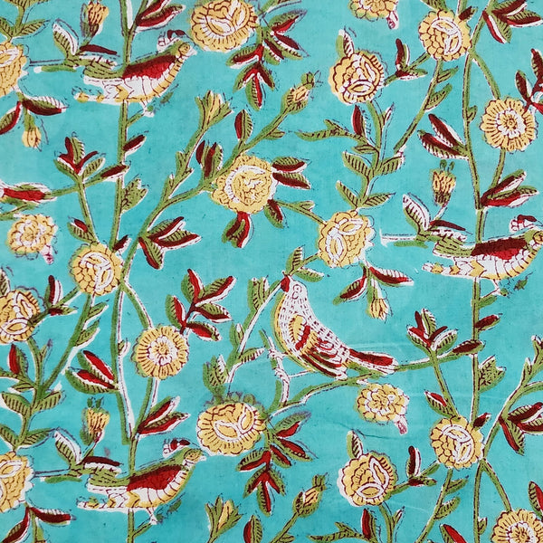PRE-CUT 1 METER Pure Cotton Jaipuri Blue With Mustard Flowers With Birds Hand Block Print Fabric