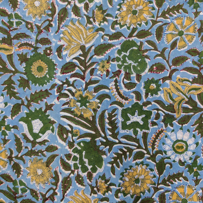 Pre-Cut 2 Meter Pure Cotton Jaipuri Blue With Mustard Green Jaal Hand Block Print Fabric