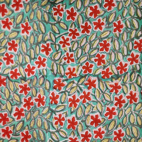 ( Pre-Cut 1.60 Meter ) Pure Cotton Jaipuri Blue With Orange Lily Flower Hand Block Print Fabric