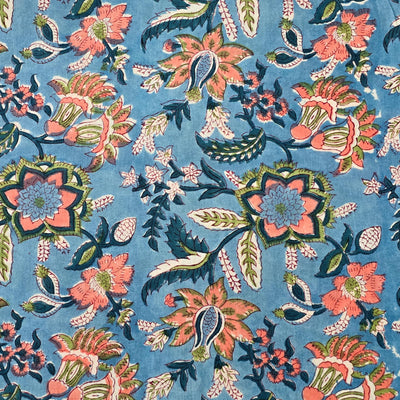 Pure Cotton Jaipuri Blue With Peach And Green And Blue Flower Jungle Jaal Hand Block Print Fabric