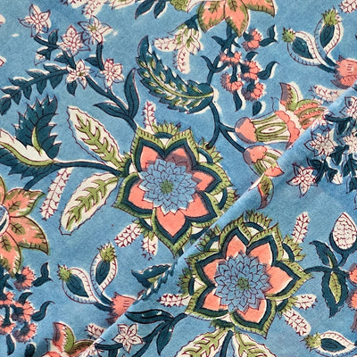 Pure Cotton Jaipuri Blue With Peach And Green And Blue Flower Jungle Jaal Hand Block Print Fabric