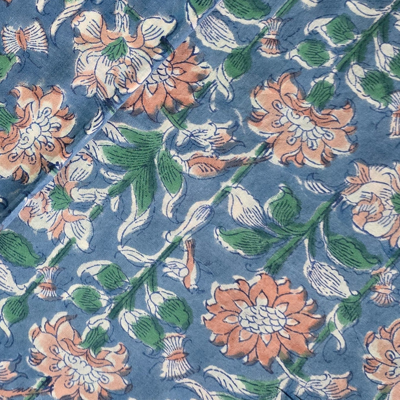 Pure Cotton Jaipuri Blue With Peach Flower Creeper Hand Block Print Fabric