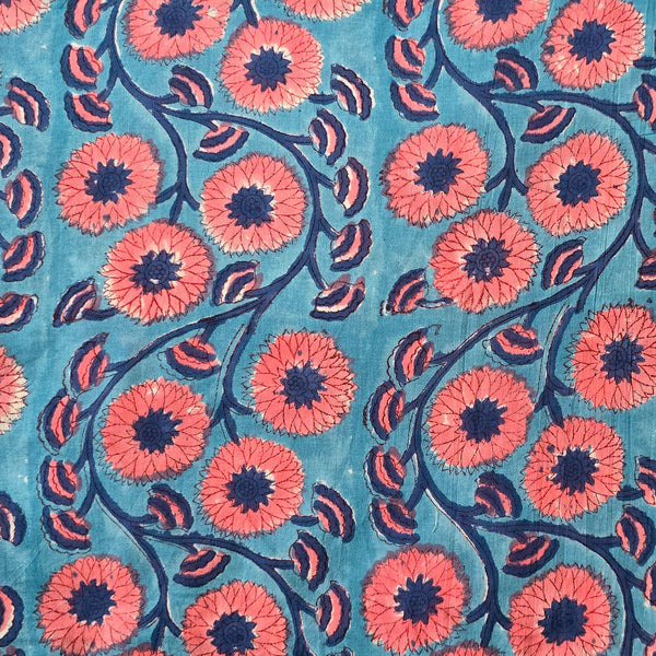 Pure Cotton Jaipuri Blue With Peach Marigold Flower Jaal Hand Block Print Fabric