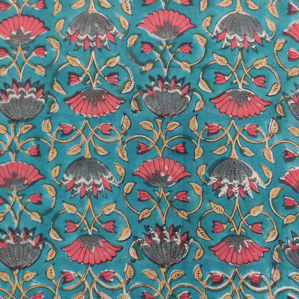 BLOUSE PIECE 0.80 CM Pure Cotton Jaipuri Blue With Pink And Grey Lotus Jaal Hand Block Print Fabric