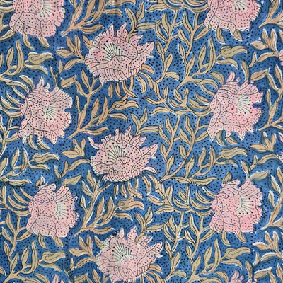 Pure Cotton Jaipuri Blue With Pink And Mustard Floral Jaal Hand Block Print Fabric