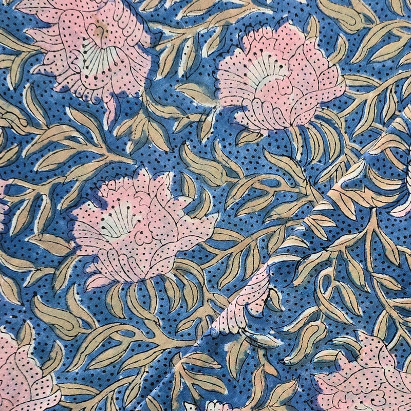 Pure Cotton Jaipuri Blue With Pink And Mustard Floral Jaal Hand Block Print Fabric