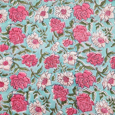( Pre-Cut 1.10 Meter ) Pure Cotton Jaipuri Blue With Pink And White Rose Jaal Hand Block Print Fabric