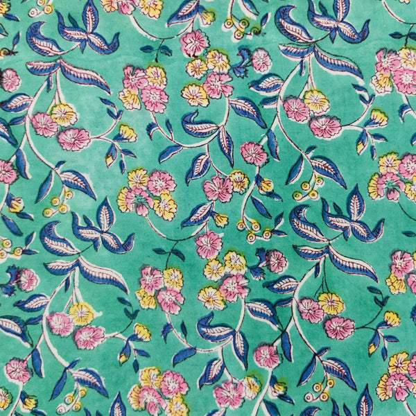 ( Pre-Cut 1.65 Meter ) Pure Cotton Jaipuri Blue With Pink And Yellow Pansy Flower Jaal Hand Block Print Fabric