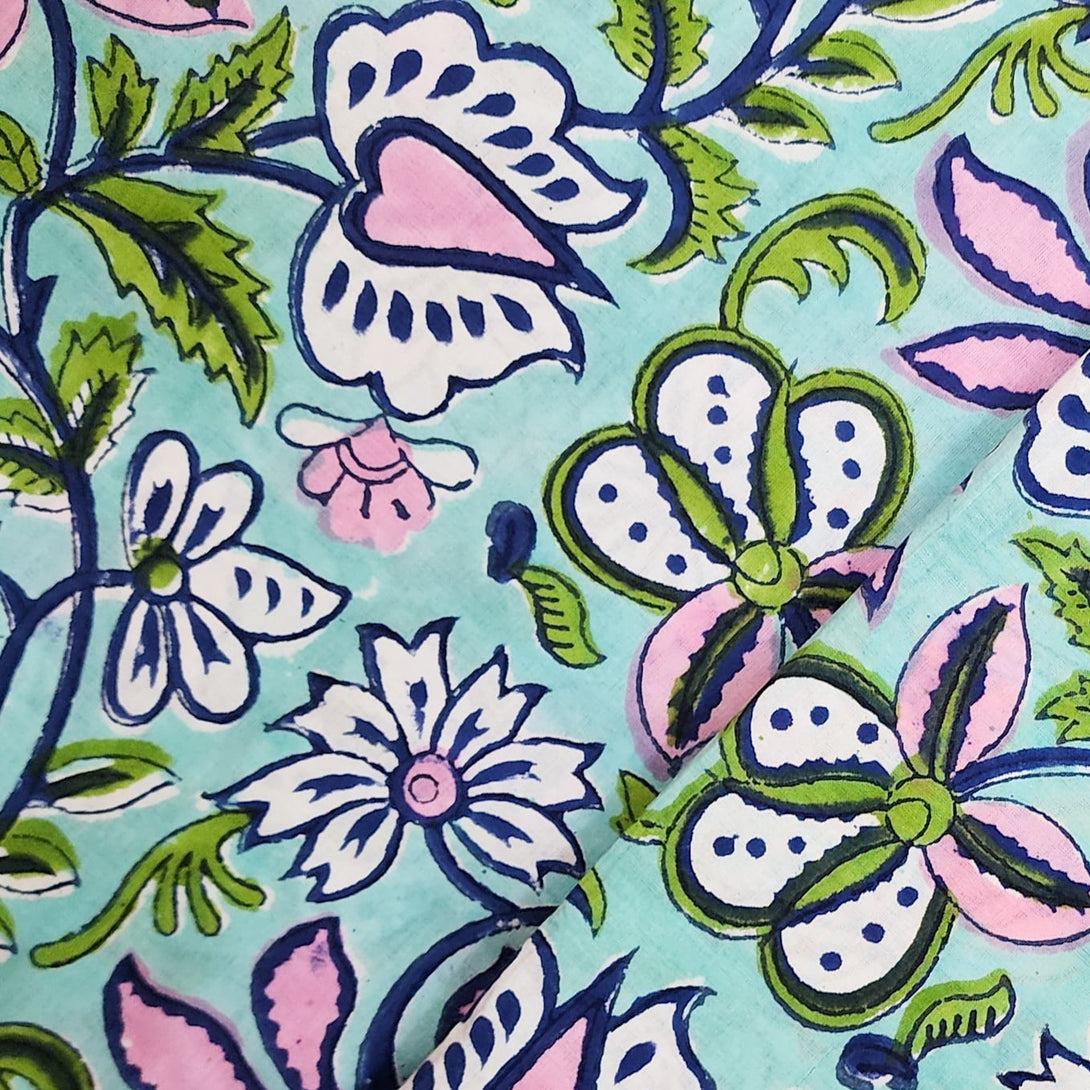 Hand Jaa Pre Cut (0.85 Meter) Pure Cotton Jaipuri Blue With Pink Big Flower Jaa ...