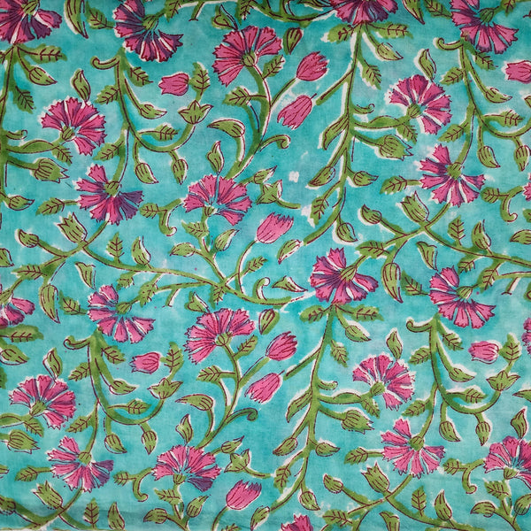 ( Pre-Cut 1.60 Meter ) Pure Cotton Jaipuri Blue With Pink Flowers Creeper Hand Block Print Fabric