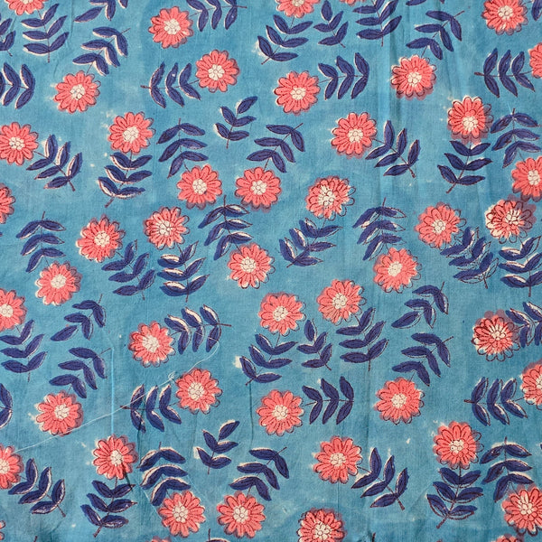 Pure Cotton Jaipuri Blue With Pink Flower Motif Hand Block Print Fabric