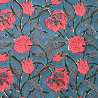 (Pre-Cut 1.75 Meter)Pure Cotton Jaipuri Blue With Pink Jungle Flower Jaal Hand Block Print Fabric
