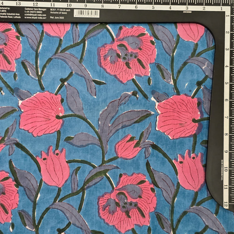 (Pre-Cut 1.75 Meter)Pure Cotton Jaipuri Blue With Pink Jungle Flower Jaal Hand Block Print Fabric
