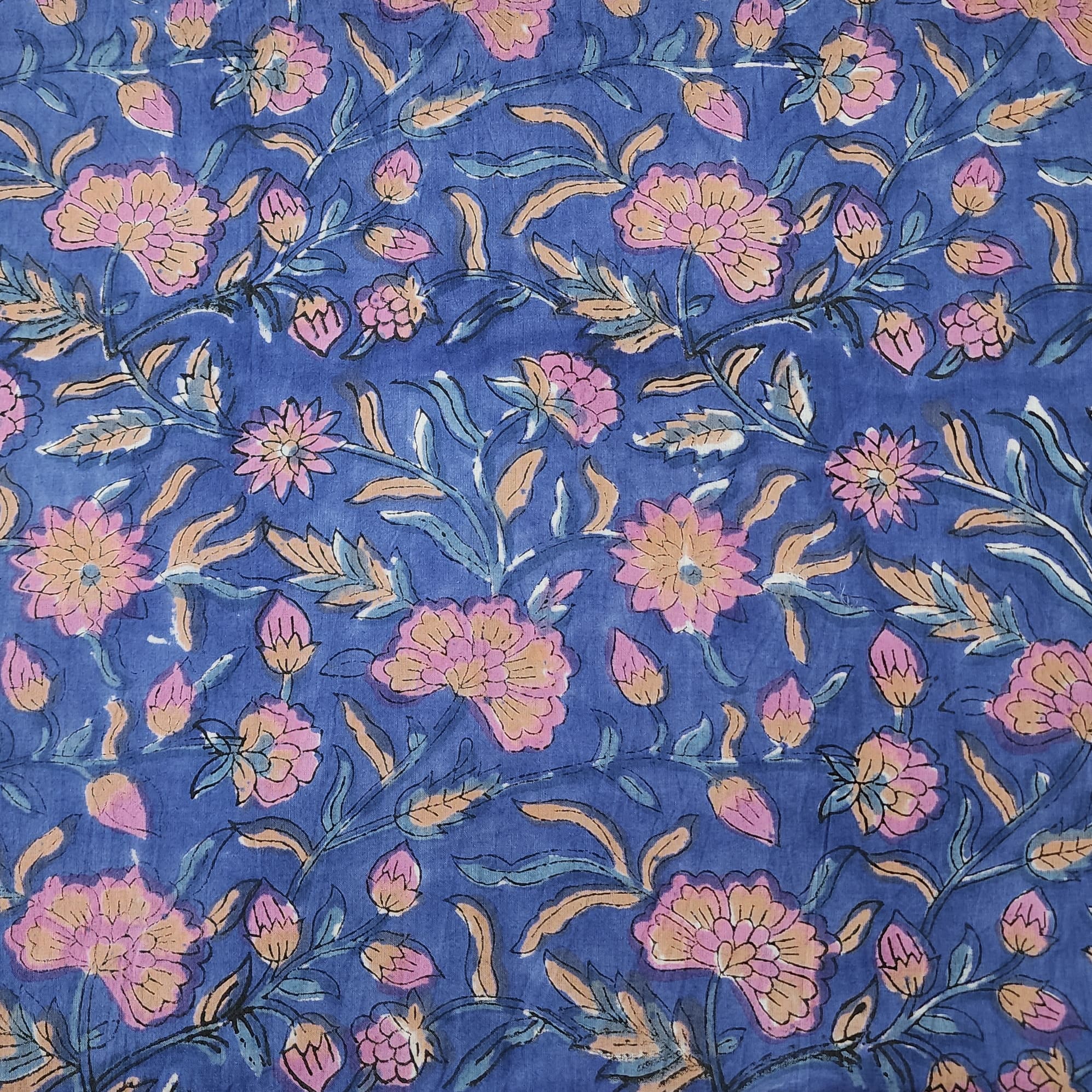Pure Cotton Jaipuri Blue With Pink Oleander Flower Jaal Hand Block Pri ...