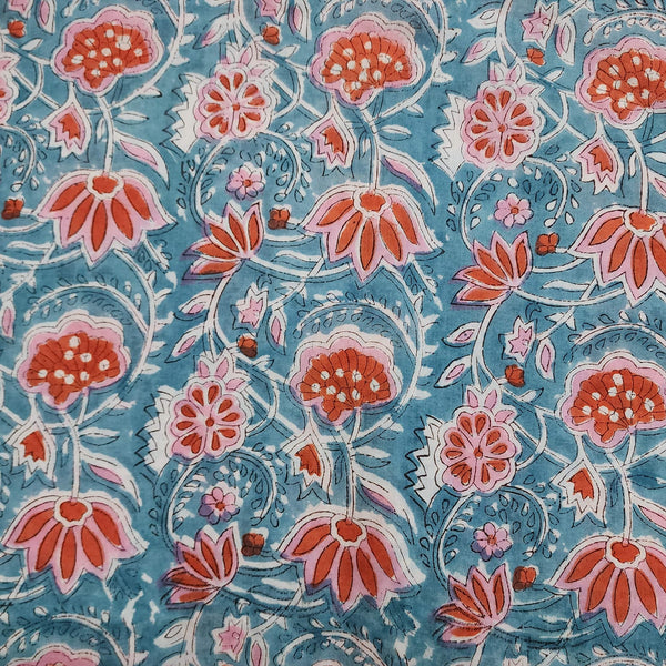 Pre-cut 1 meter Pure Cotton Jaipuri Blue With Pink Orange Floral Jaal Hand Block Print Fabric