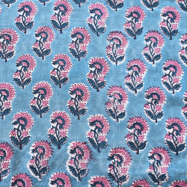 Pure Cotton Jaipuri Blue With Pink Plant Motif Hand Block Print Fabric