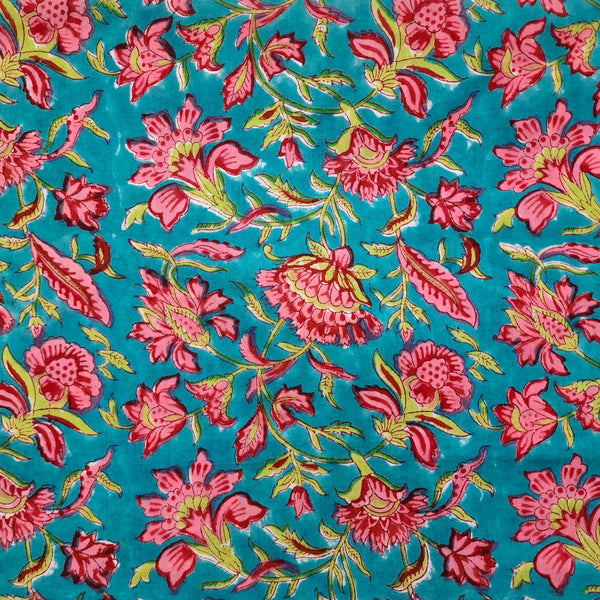 (Pre-cut 0.85 meter)  Pure Cotton Jaipuri Blue With Pink Red Green Wild Flower Jaal Hand Block Print Fabric