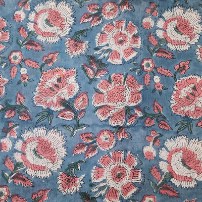 Pure Cotton Jaipuri Blue With Pink Rose Flower Jaal Hand Block Print Fabric