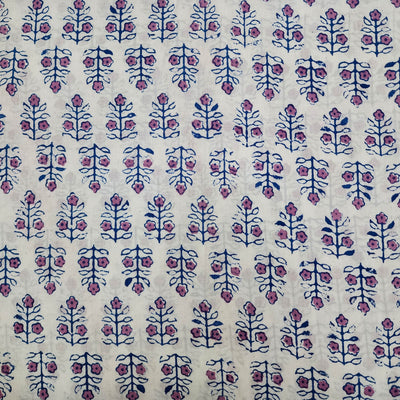 Pre-cut 1.5 meter Pure Cotton Jaipuri Blue With Pink Up And Down Flower Motif Hand Block Print Fabric