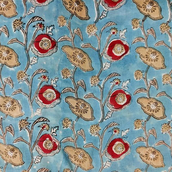 ( Pre-Cut 1.50 Meter ) Pure Cotton Jaipuri Blue With Red And Brown Flower Creeper Hand Block Print Fabric