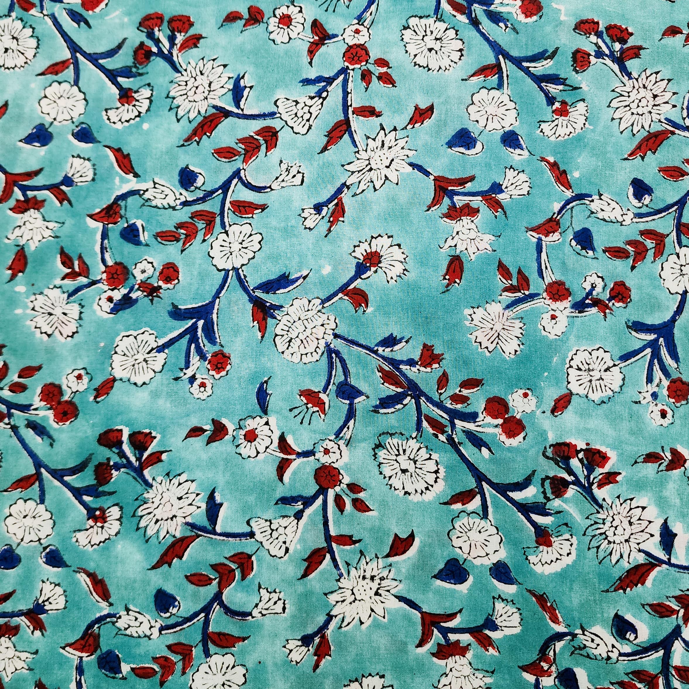 Pure Cotton Jaipuri Blue With Red And White Tiny Flower Hand Block Pri ...