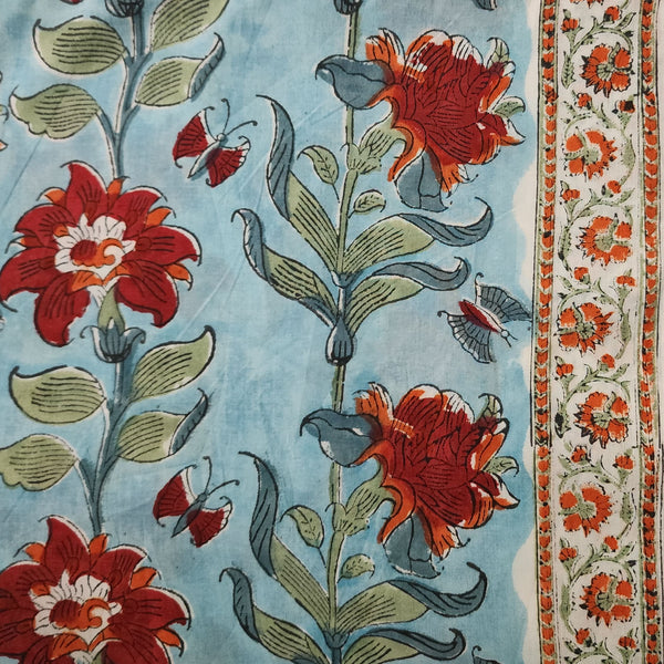 ( Pre-Cut 1.50 Meter ) Pure Cotton Jaipuri Blue With Red Flowers Creeper Hand Block Print Fabric