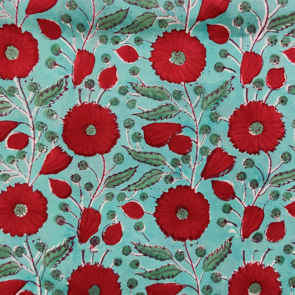 Pure Cotton Jaipuri Blue With Red Wild Flower Jaal Hand Block Print Fabric