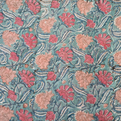 Pure Cotton Jaipuri Blue With Shades Of Pink Floral Jaal Hand Block Print Fabric