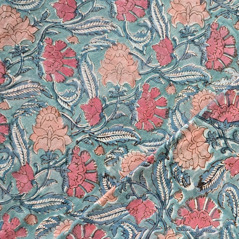 Pure Cotton Jaipuri Blue With Shades Of Pink Floral Jaal Hand Block Print Fabric