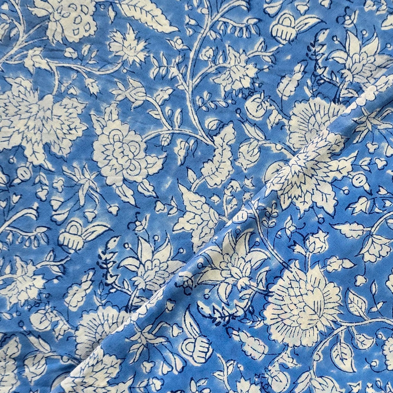 Pure Cotton Jaipuri Blue With White Floral Jaal Hand Block Print Fabric