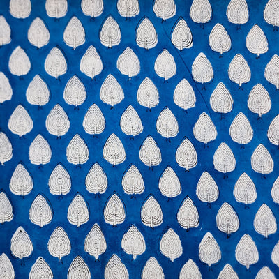 ( Pre-Cut 1.15 Meter ) Pure Cotton Jaipuri Blue With White Leaves Motifs Hand Block Print Fabric