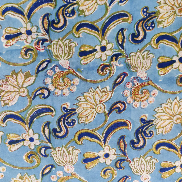 (Pre-cut 1.5 meter )Pure Cotton Jaipuri Blue With White Lily Jaal Hand Block Print Fabric