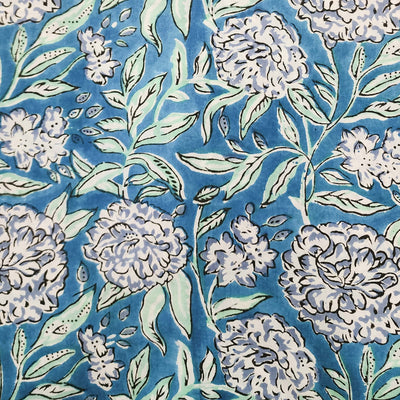 Pure Cotton Jaipuri Blue With White Rose Jaal Hand Block Print Fabric