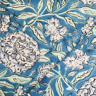 Pure Cotton Jaipuri Blue With White Rose Jaal Hand Block Print Fabric